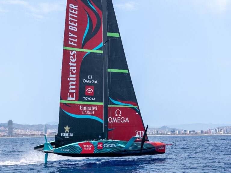 Emirates Team New Zealand sail their AC75 Te Rehutai in Barcelona